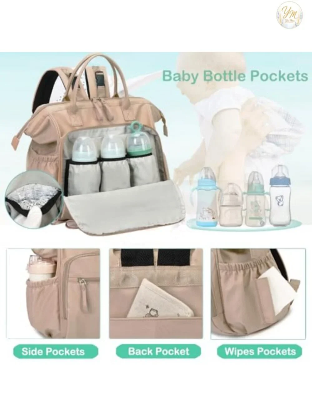 Large Diaper Bag Tote with 14 Pockets, Convertible, Stroller Clips, Insulated,